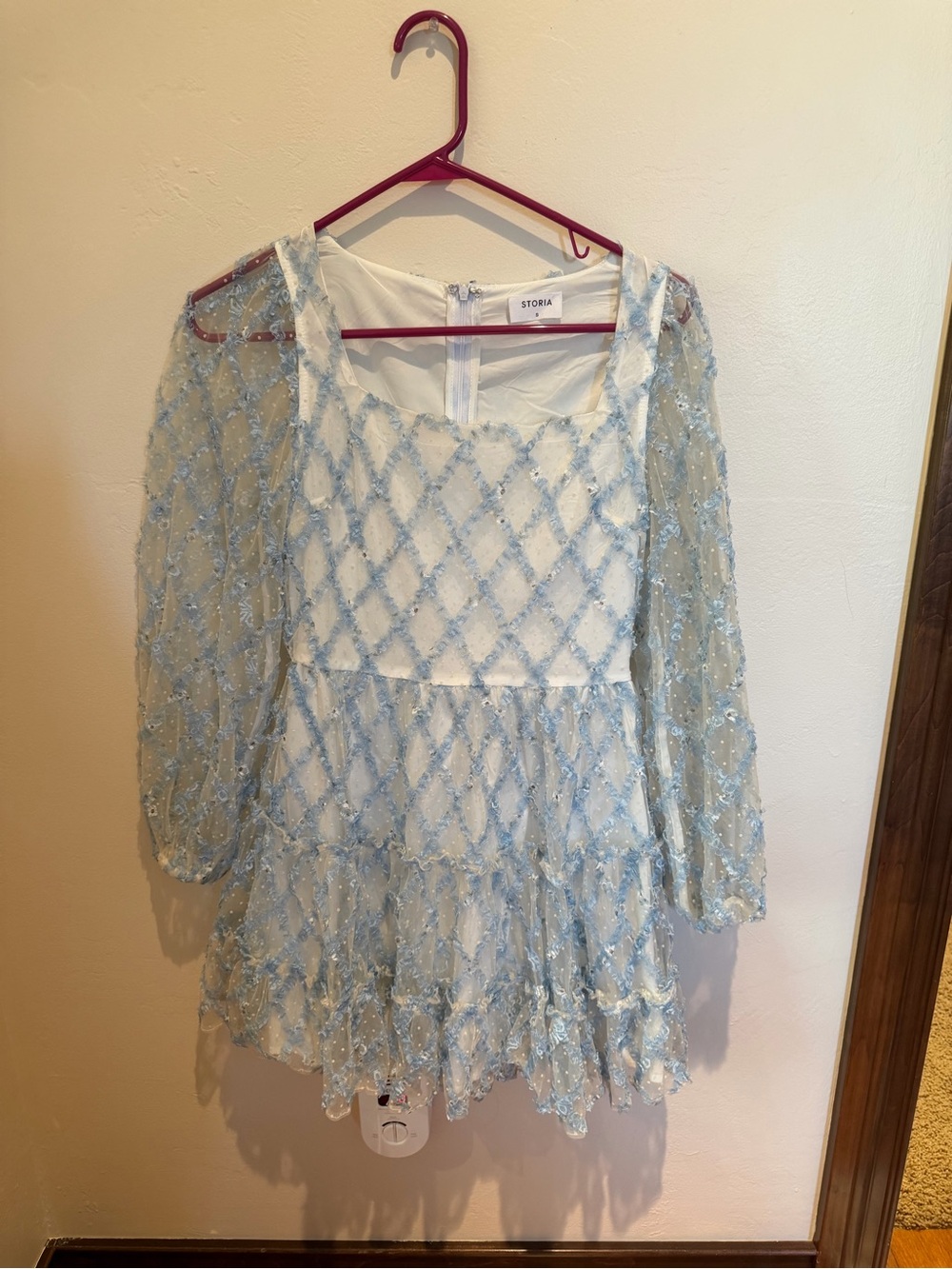 Storia Pale Blue Floral Embellished Lace Long Sleeve Mini Dress